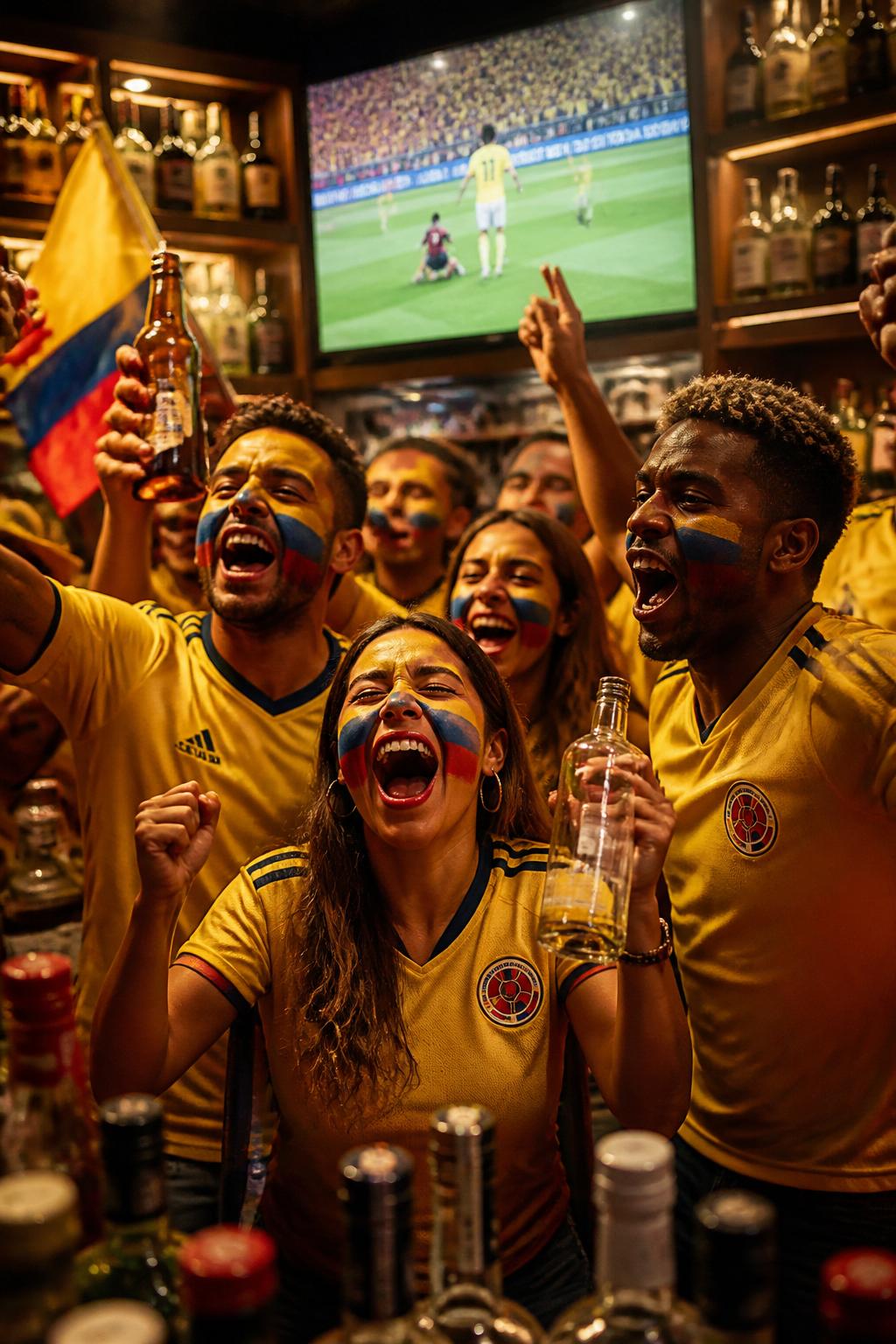 Hinchas de la selección Colombia celebrando el Mundial en Licores Pasoancho